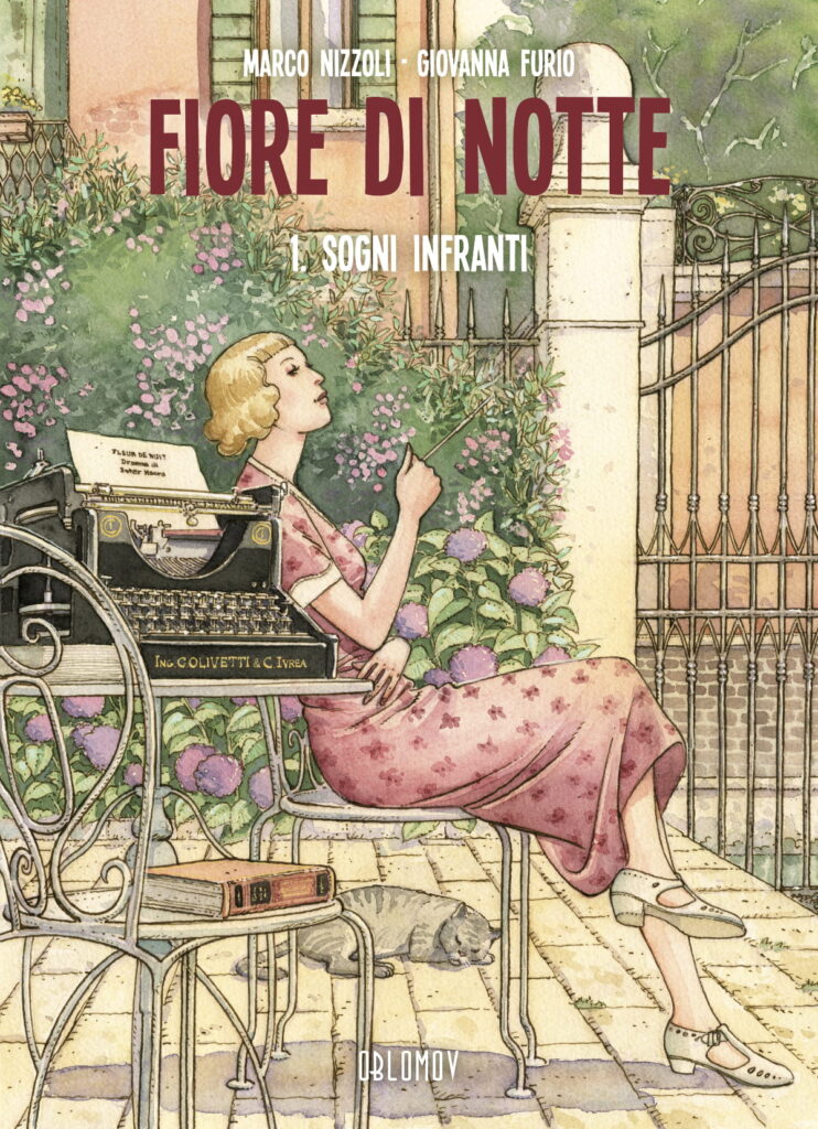 Copertina del libro Fiore di Notte, di Giammarco Nizzoli. La protagonista, seduta in giardino con una macchina Olivetti e pensa alla sua sceneggiatura.